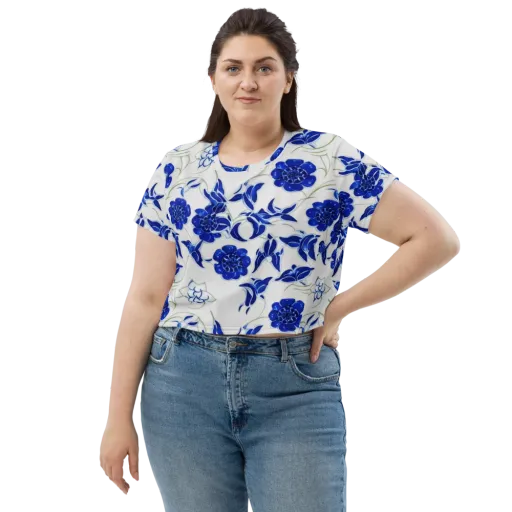 Blue Delft Bloom on a Crop Tee