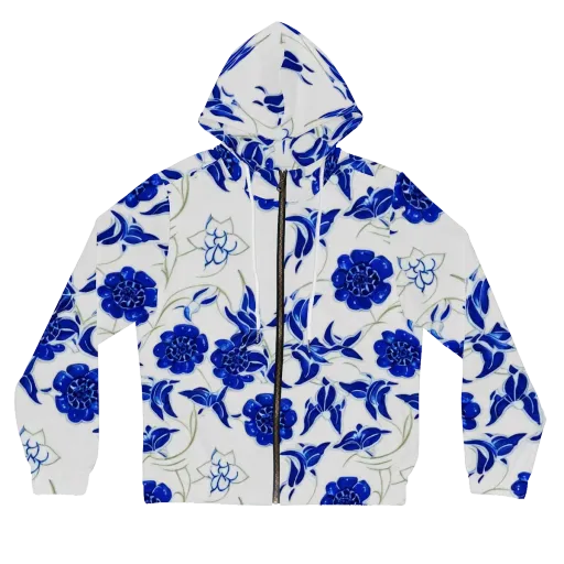 Blue Delft Bloom on a Women's Full-Zip Hoodie
