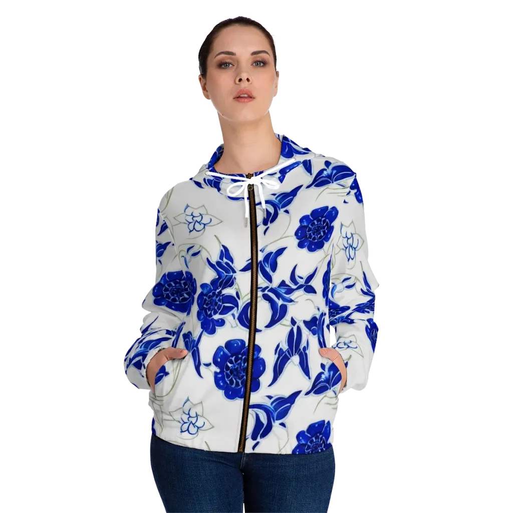 Blue Delft Bloom on Women's Full-Zip Hoodie — Front On Person