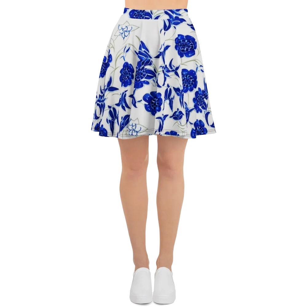 Blue Delft Bloom on Skater Skirt — Front