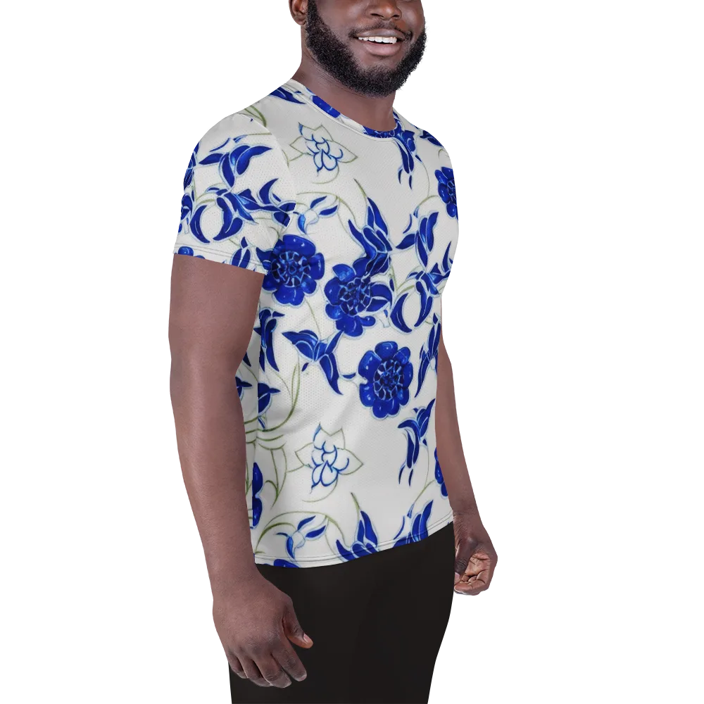 Blue Delft Bloom on Men's Athletic T-Shirt — Right