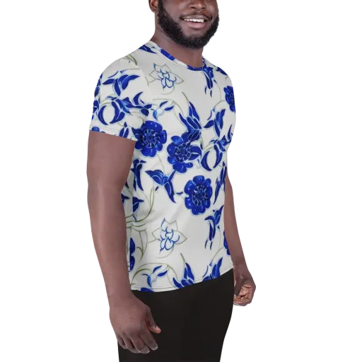 Blue Delft Bloom on a Men's Athletic T-Shirt