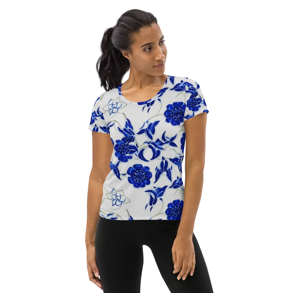 Blue Delft Bloom on Women's Athletic T-Shirt — Front