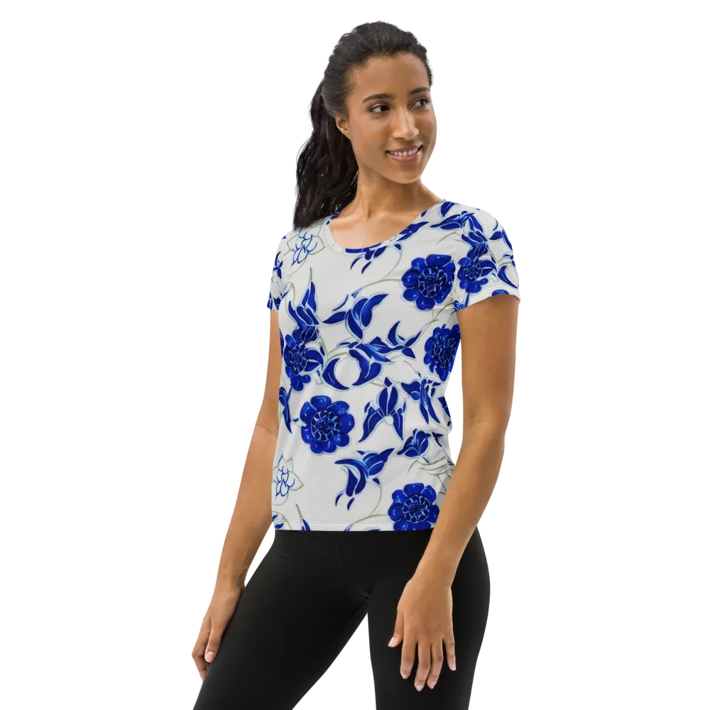 Blue Delft Bloom on Women's Athletic T-Shirt — Left