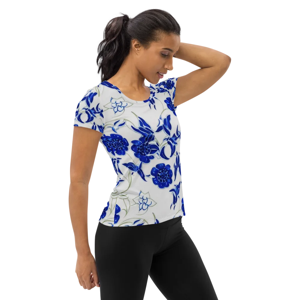 Blue Delft Bloom on Women's Athletic T-Shirt — Right