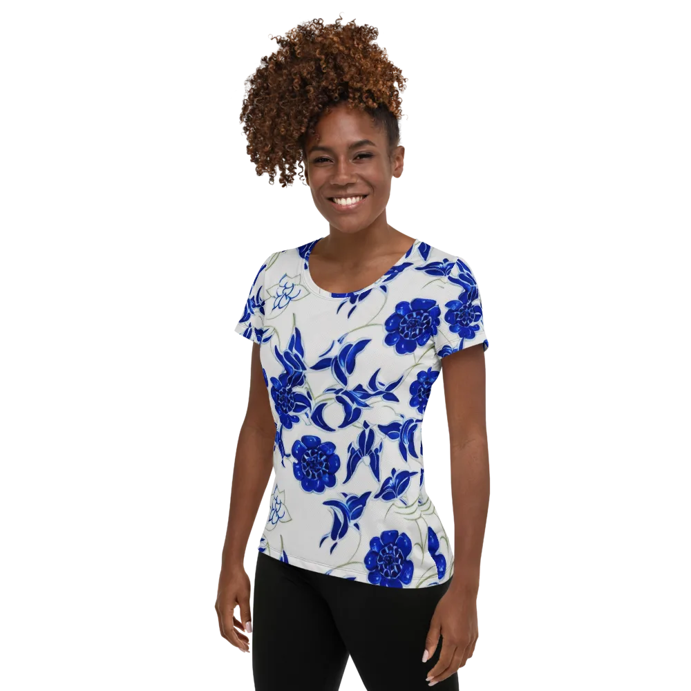 Blue Delft Bloom on Women's Athletic T-Shirt — Left