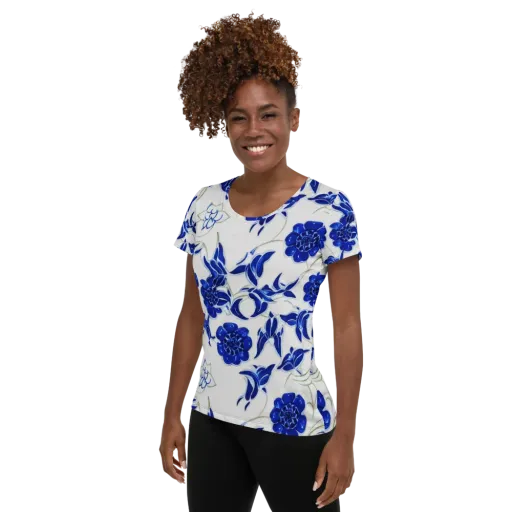 Blue Delft Bloom on a Women's Athletic T-Shirt