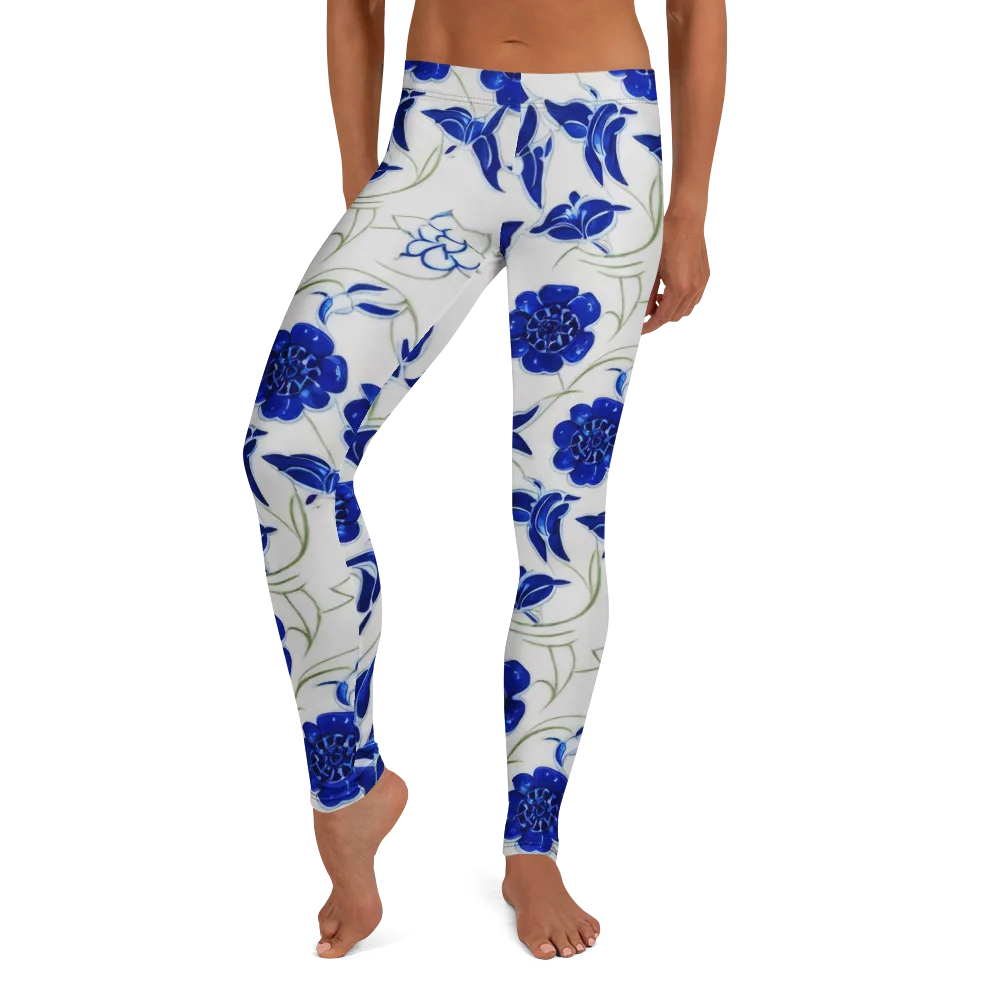 Blue Delft Bloom on Leggings — Front