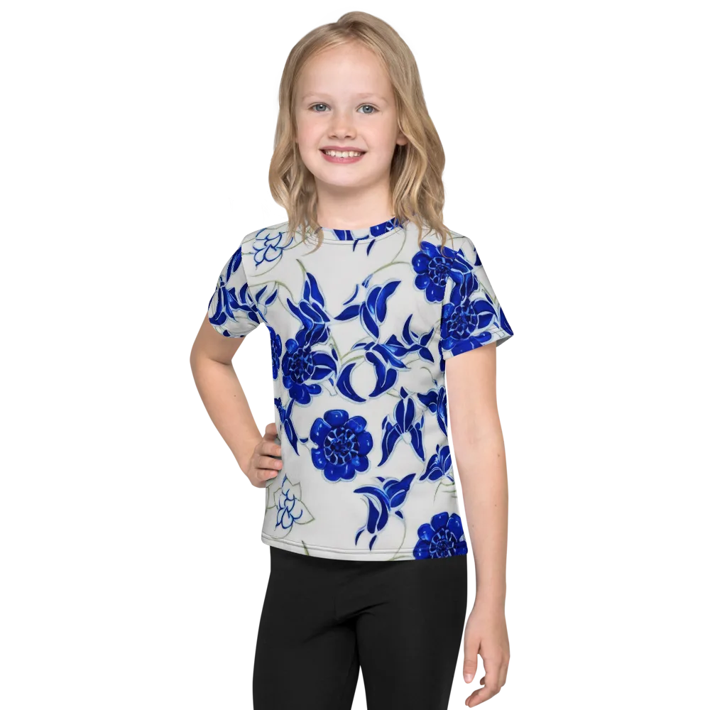 Blue Delft Bloom on Kids Crew Neck T-Shirt — Front