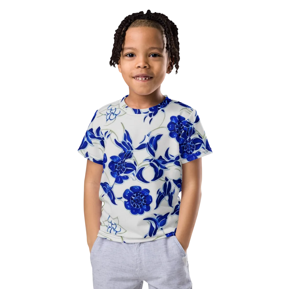 Blue Delft Bloom on Kids Crew Neck T-Shirt — Front