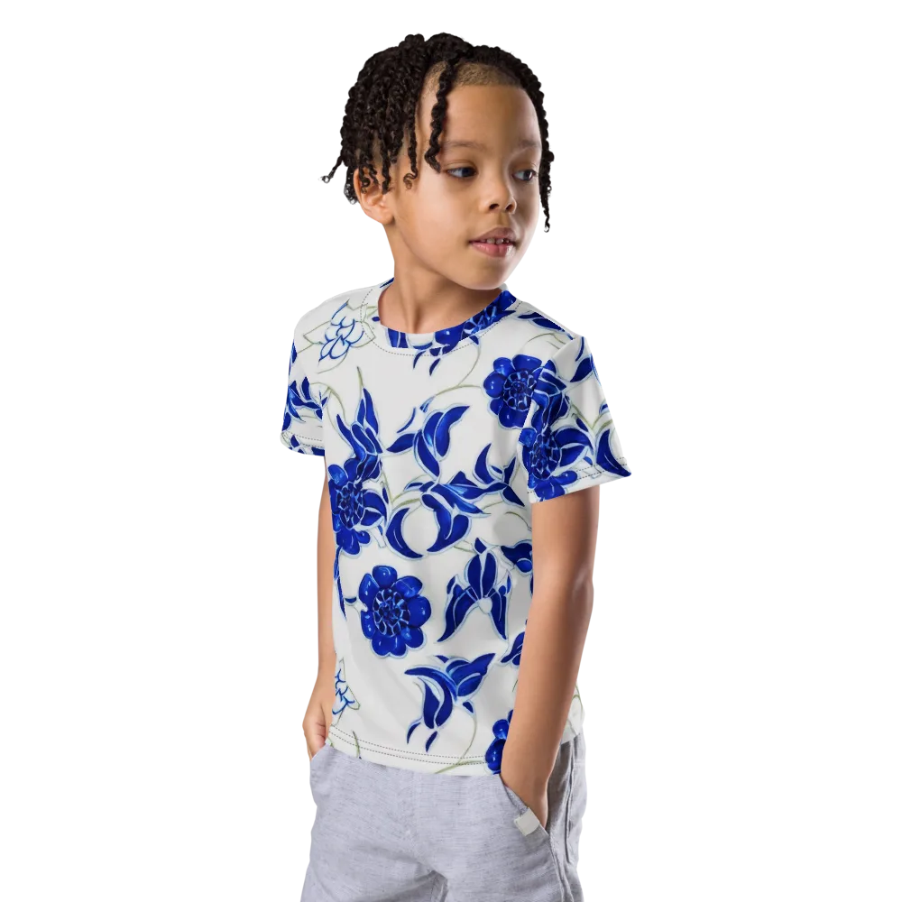 Blue Delft Bloom on Kids Crew Neck T-Shirt — Left Front