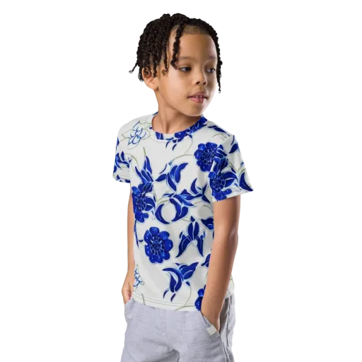Blue Delft Bloom on a Kids Crew Neck T-Shirt