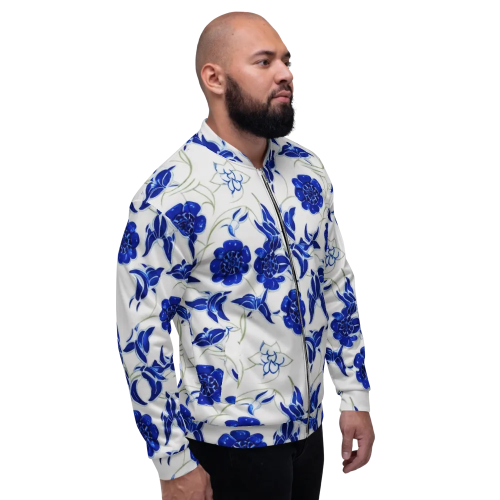 Blue Delft Bloom on Bomber Jacket — Right