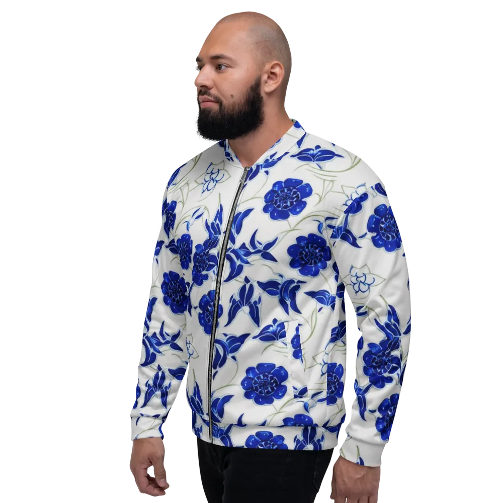 Blue Delft Bloom on Bomber Jacket — Left