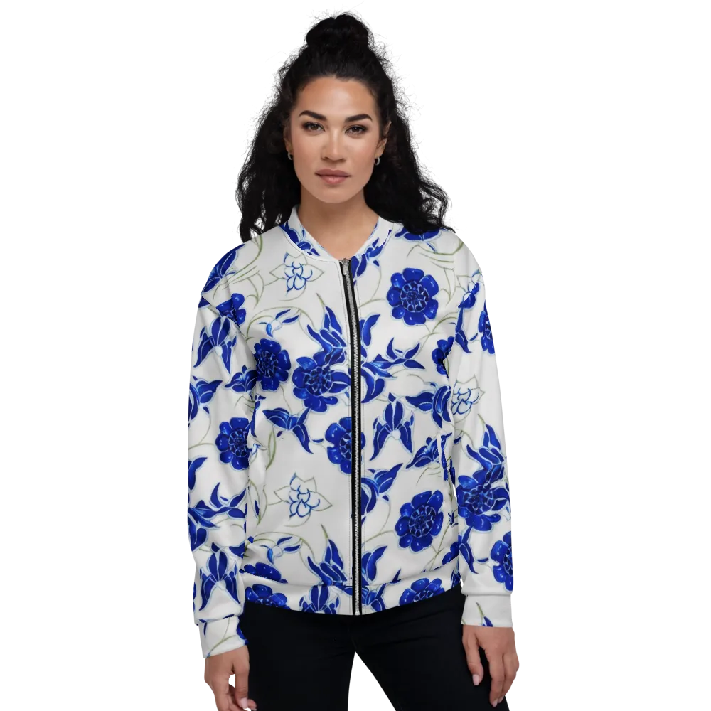 Blue Delft Bloom on Bomber Jacket — Front