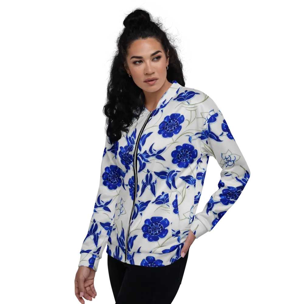 Blue Delft Bloom on Bomber Jacket — Left