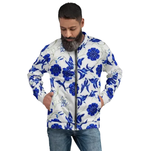 Blue Delft Bloom on a Bomber Jacket