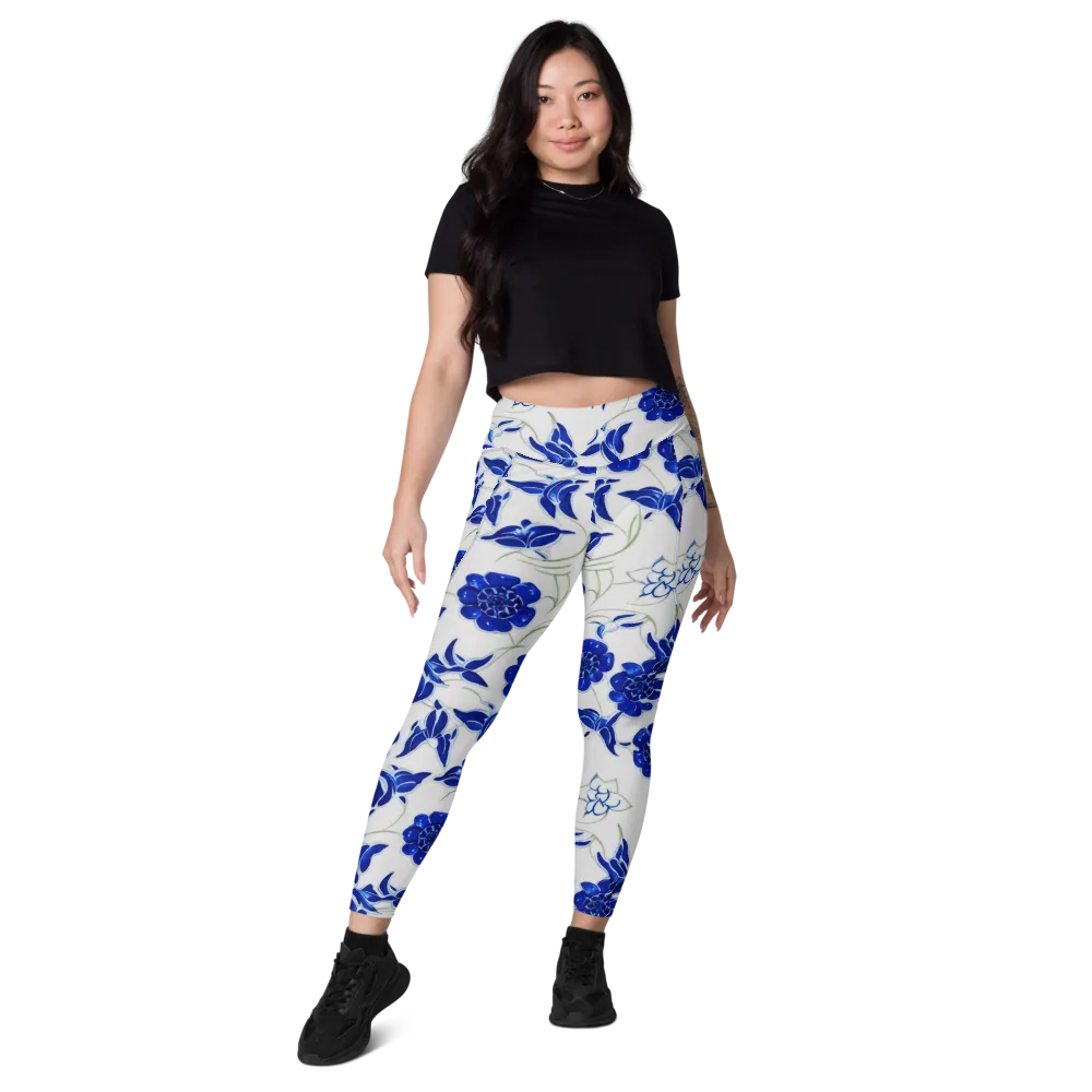 Blue Delft Bloom on Leggings with Pockets — Front