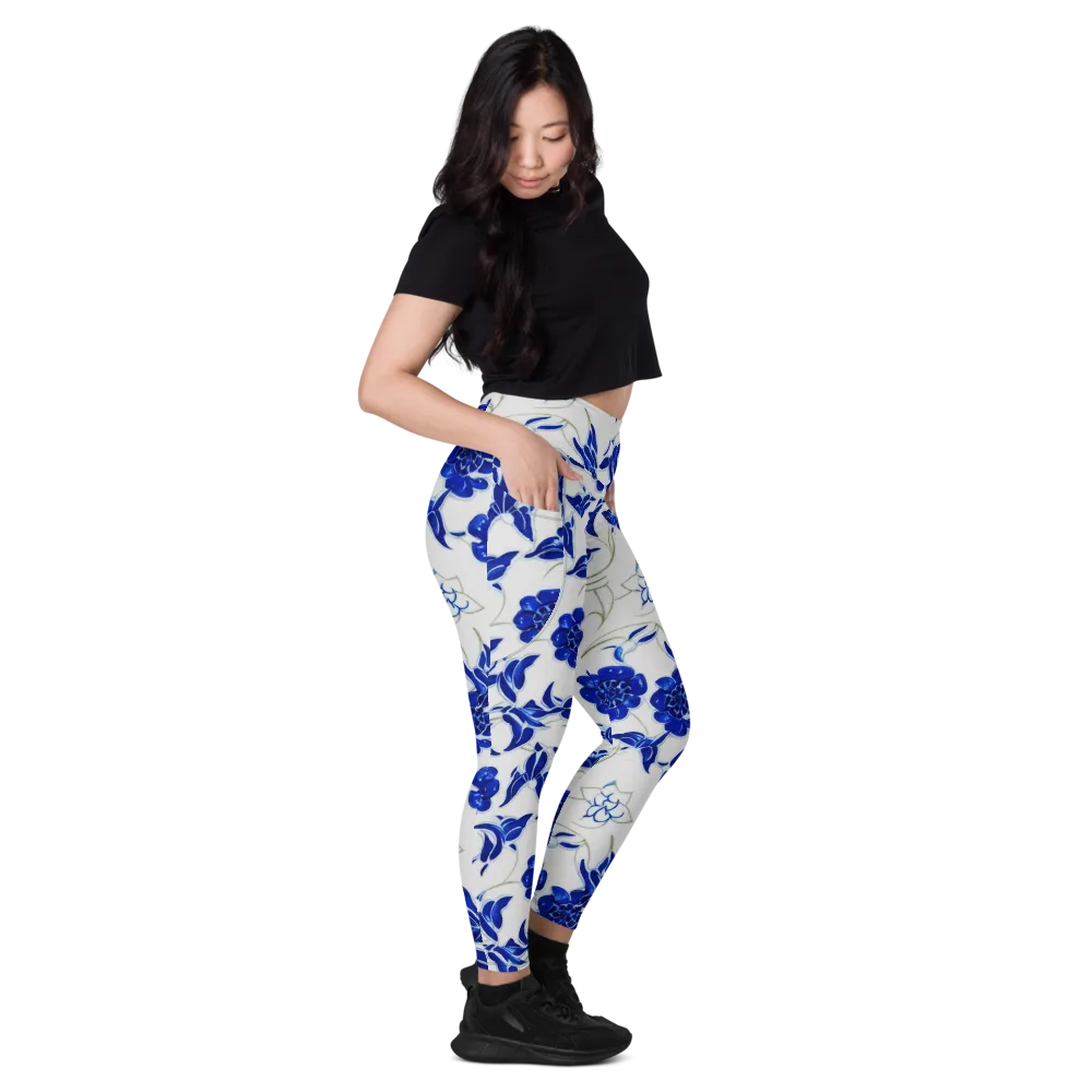 Blue Delft Bloom on Leggings with Pockets — Right