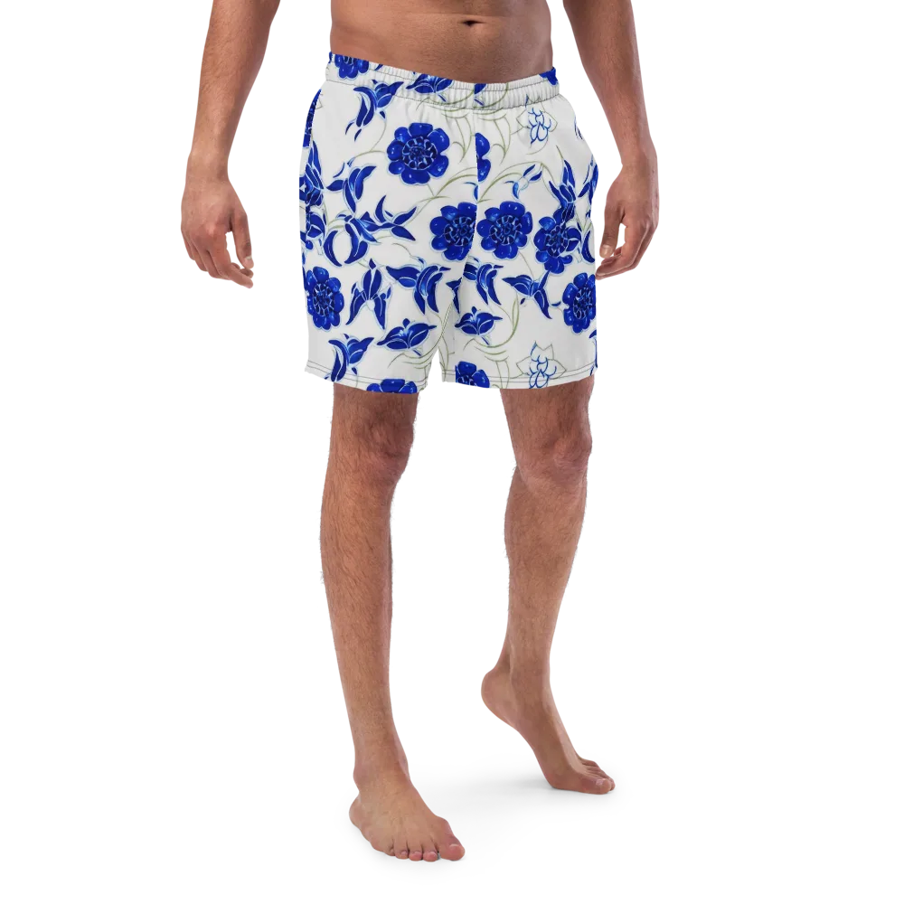 Blue Delft Bloom on Swim Trunks — Front