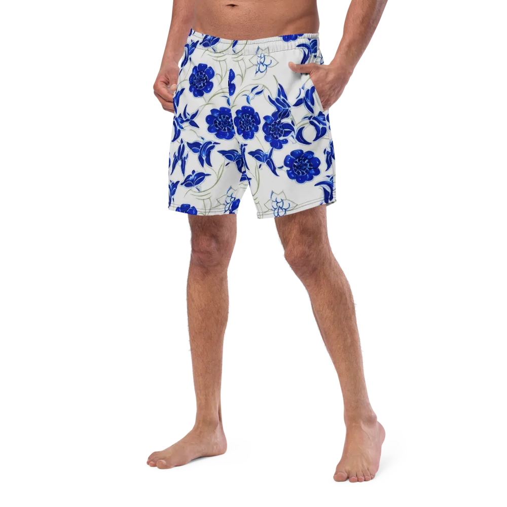 Blue Delft Bloom on Swim Trunks — Left Front