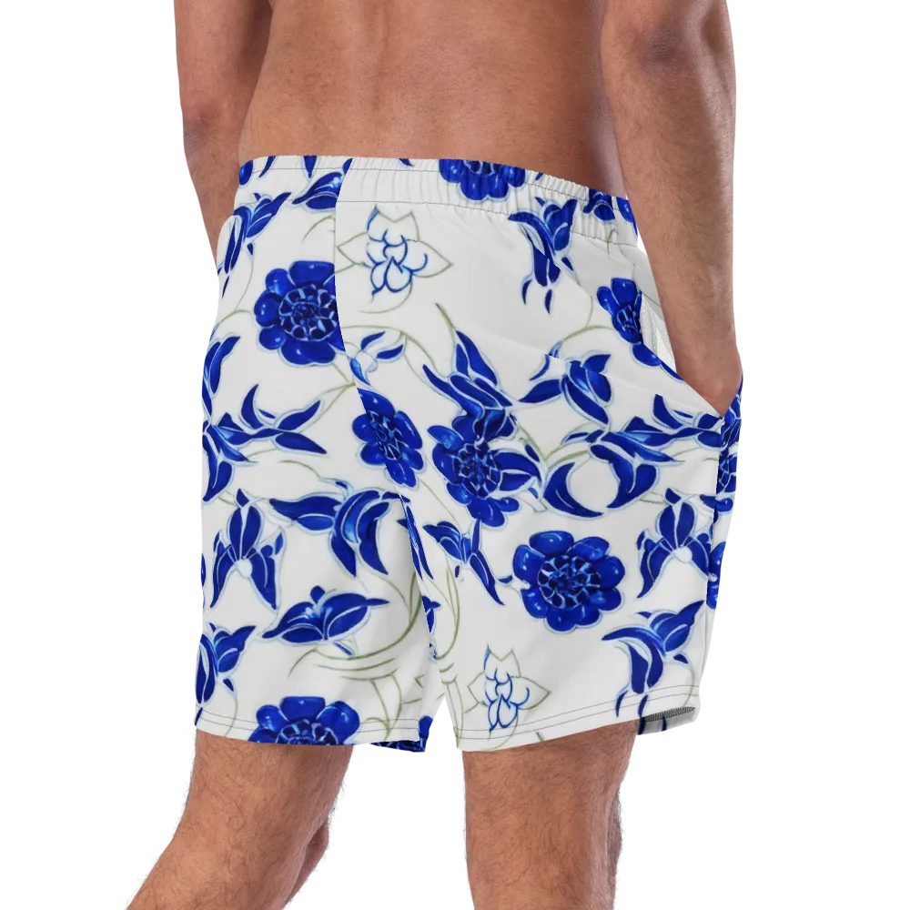 Blue Delft Bloom on Swim Trunks — Right Back