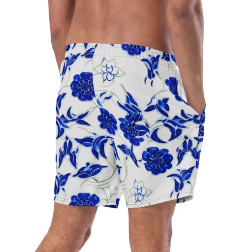 Blue Delft Bloom on a Swim Trunks