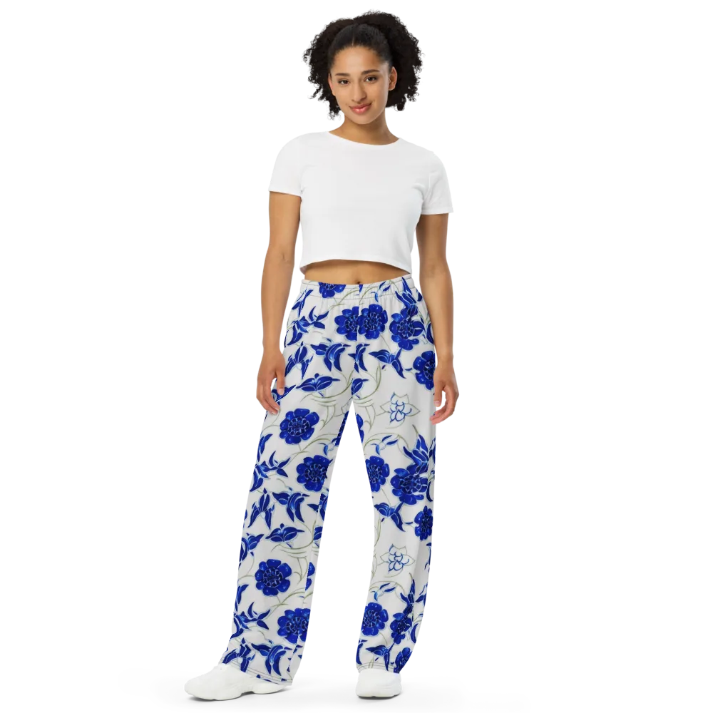 Blue Delft Bloom on Wide-Leg Pants — Front