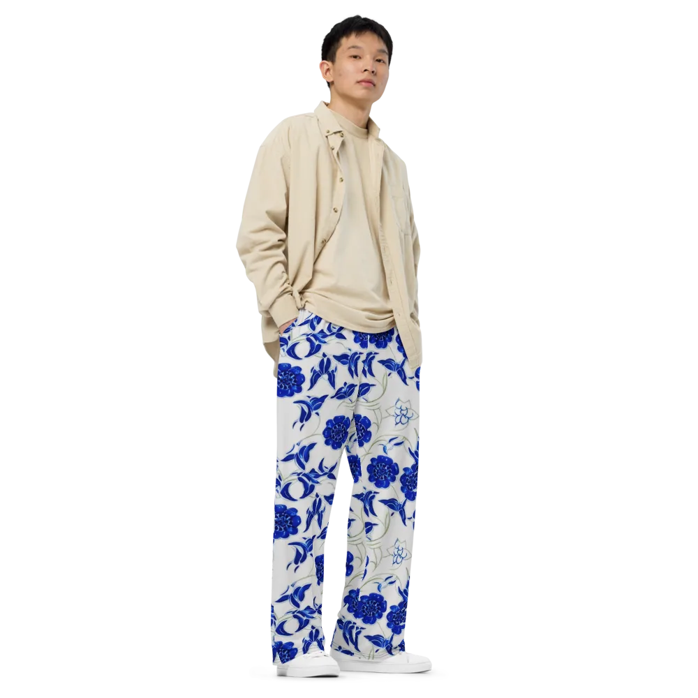 Blue Delft Bloom on Wide-Leg Pants — Right Front