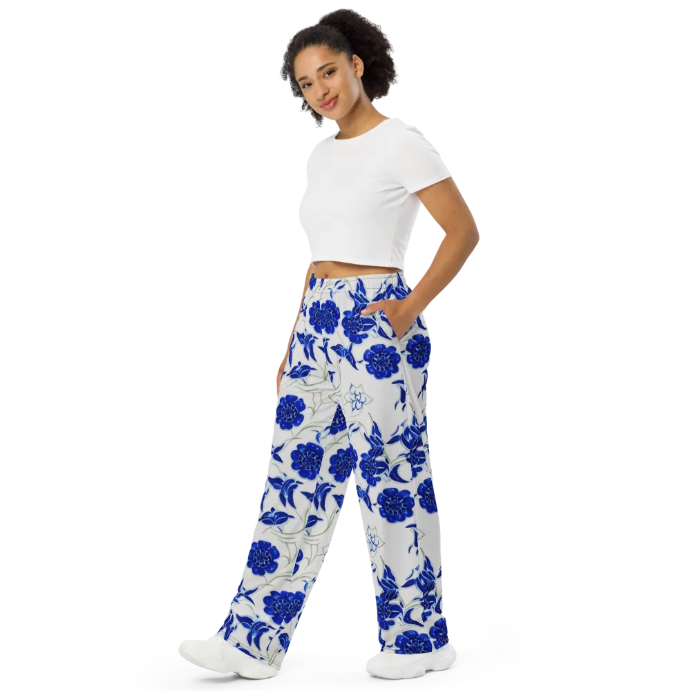 Blue Delft Bloom on Wide-Leg Pants — Left Front