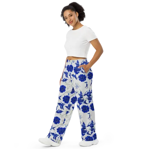 Blue Delft Bloom on a Wide-Leg Pants