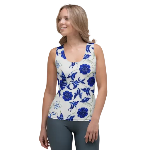 Blue Delft Bloom on a Women's Tank Top