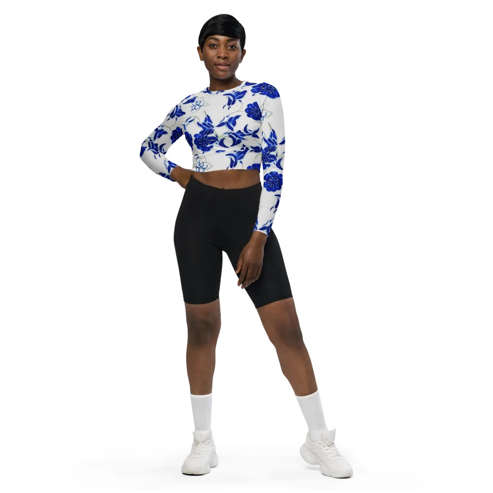 Blue Delft Bloom on Long Sleeve Crop Top — Front