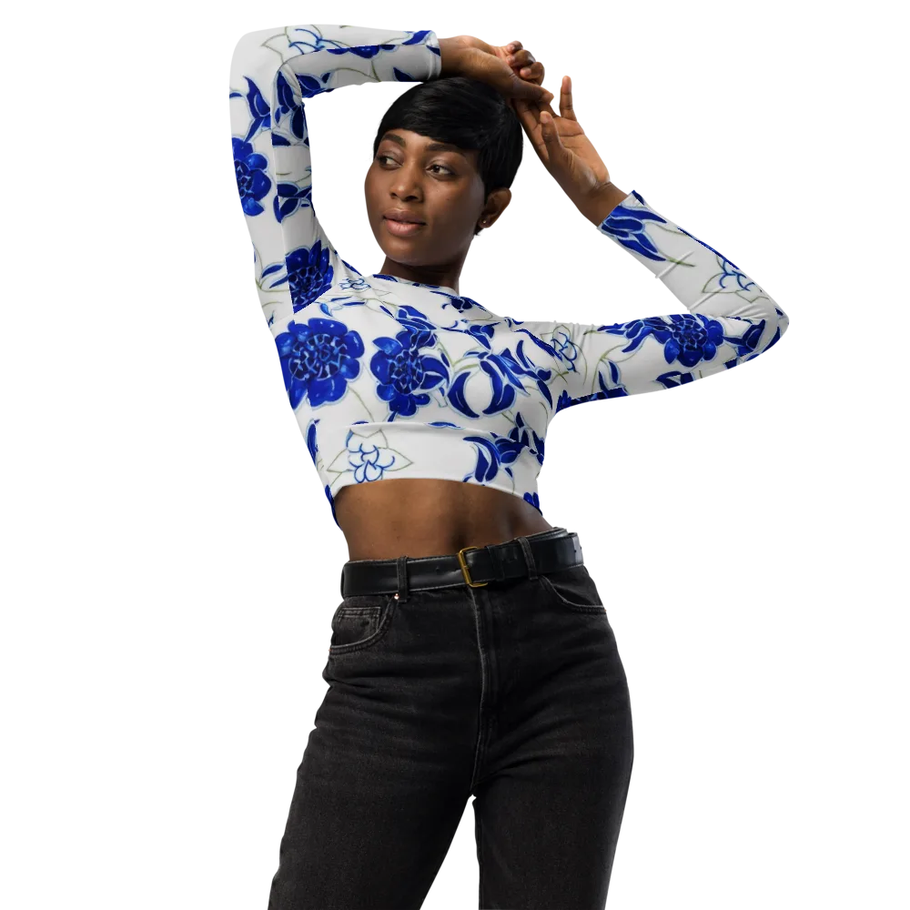 Blue Delft Bloom on Long Sleeve Crop Top — Front