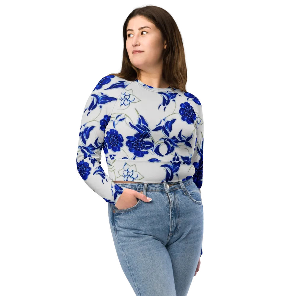 Blue Delft Bloom on Long Sleeve Crop Top — Front