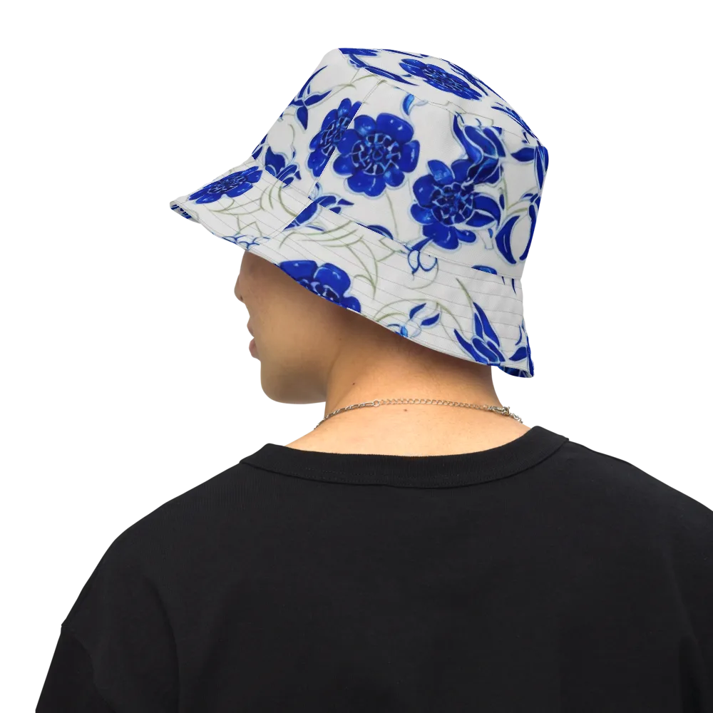 Blue Delft Bloom on Reversible Bucket Hat — Back Inside