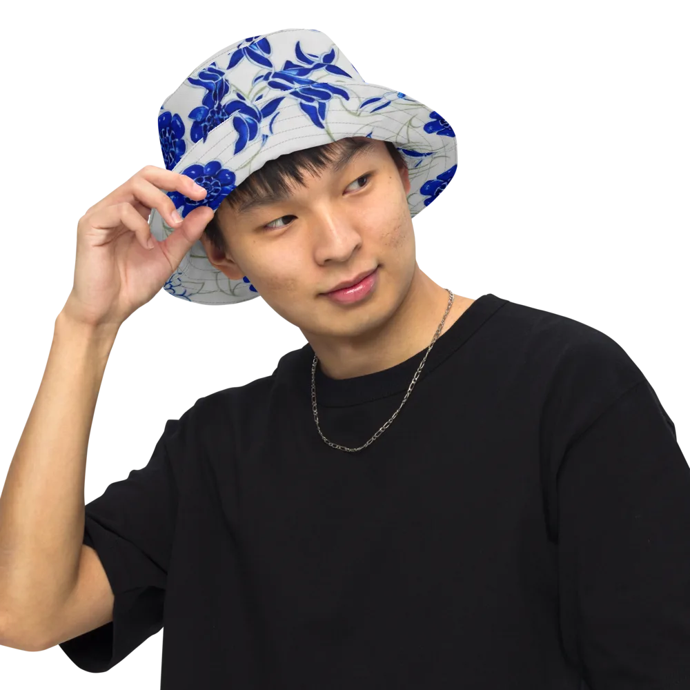 Blue Delft Bloom on Reversible Bucket Hat — Front Inside