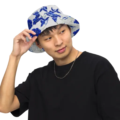 Blue Delft Bloom on a Reversible Bucket Hat