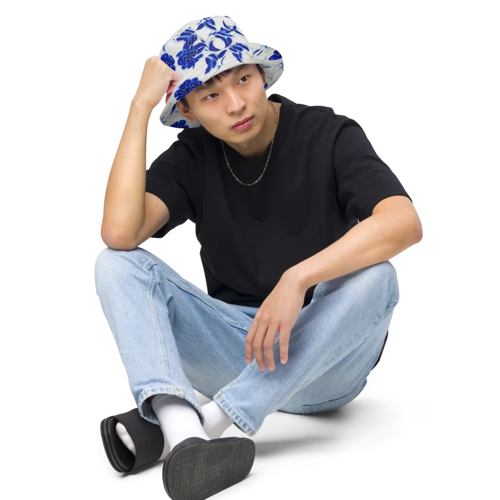 Blue Delft Bloom on Reversible Bucket Hat — Front 2 Inside
