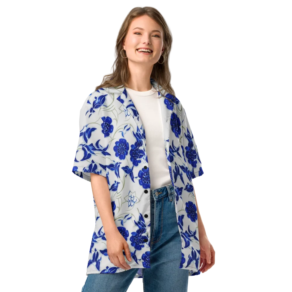 Blue Delft Bloom on Button Shirt — Front