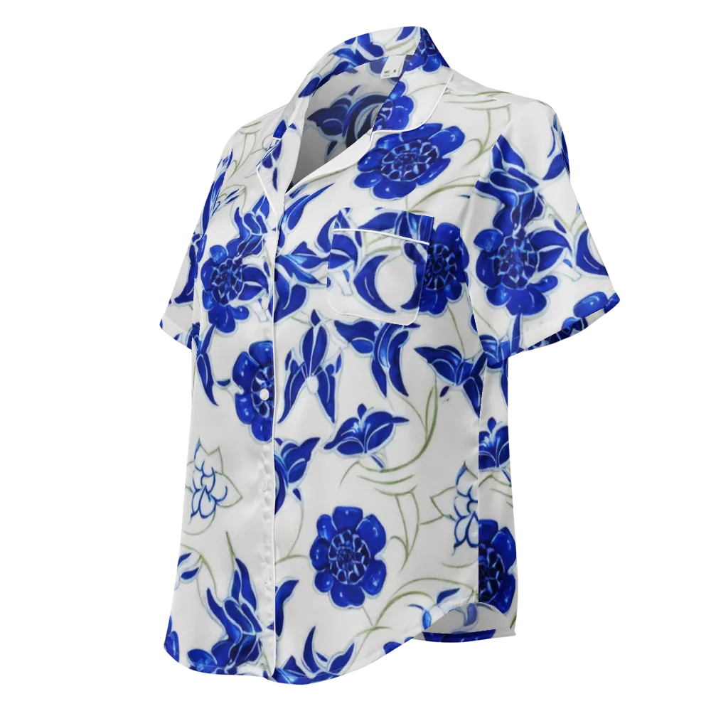 Blue Delft Bloom on Women's Short Sleeve Pajama Top — Left Front