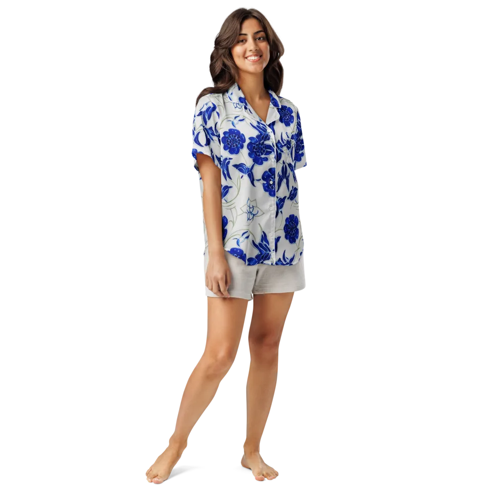 Blue Delft Bloom on Women's Short Sleeve Pajama Top — Front