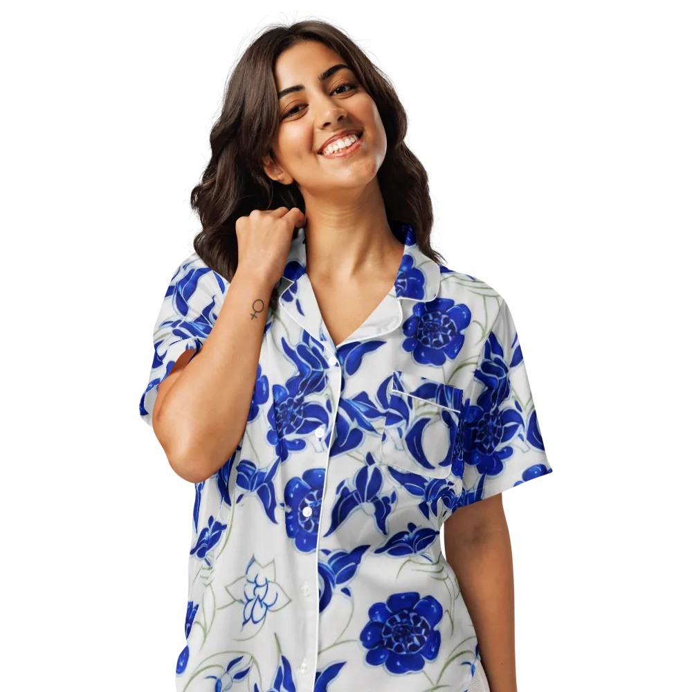 Blue Delft Bloom on Women's Short Sleeve Pajama Top — Front