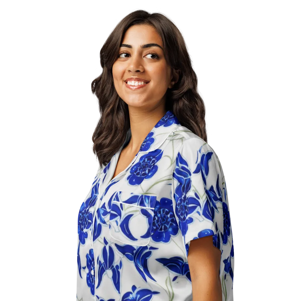 Blue Delft Bloom on Women's Short Sleeve Pajama Top — Left Front