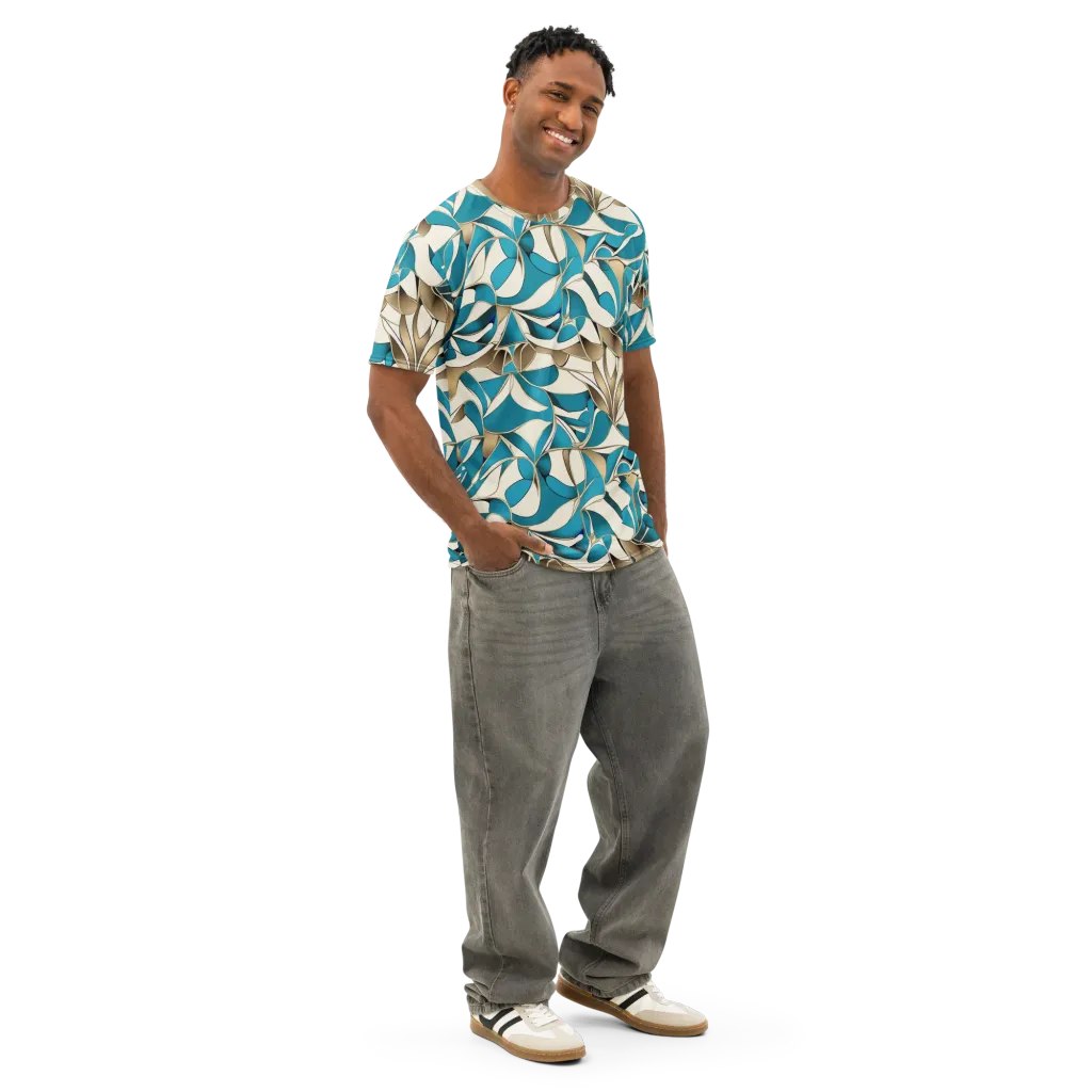 Teal Arabesque on Men's Cotton Crew Neck T-Shirt — Right Front