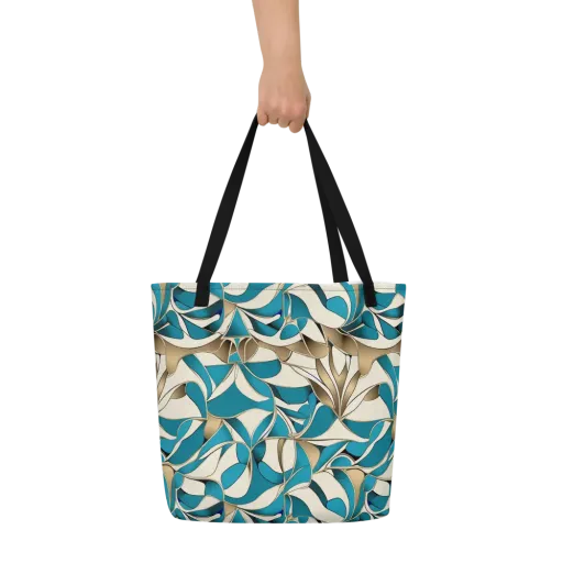 Teal Arabesque on a Large Tote Bag W/ Pocket
