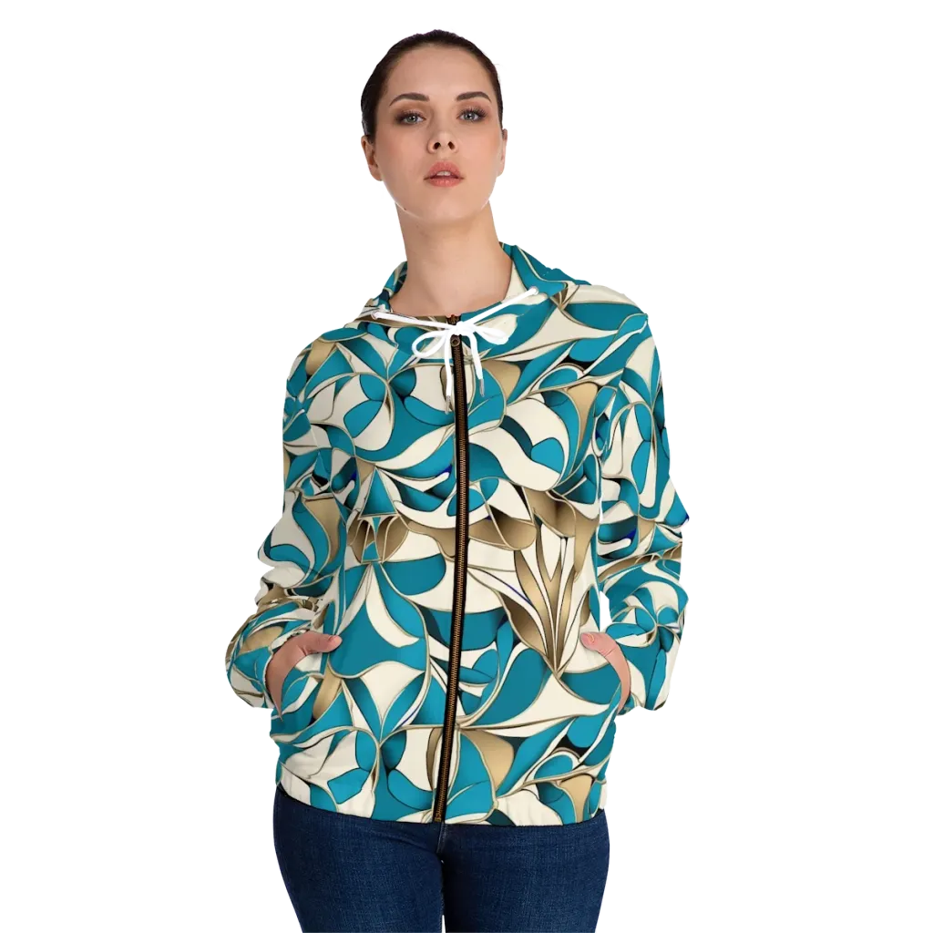 Teal Arabesque on Women's Full-Zip Hoodie — Front On Person