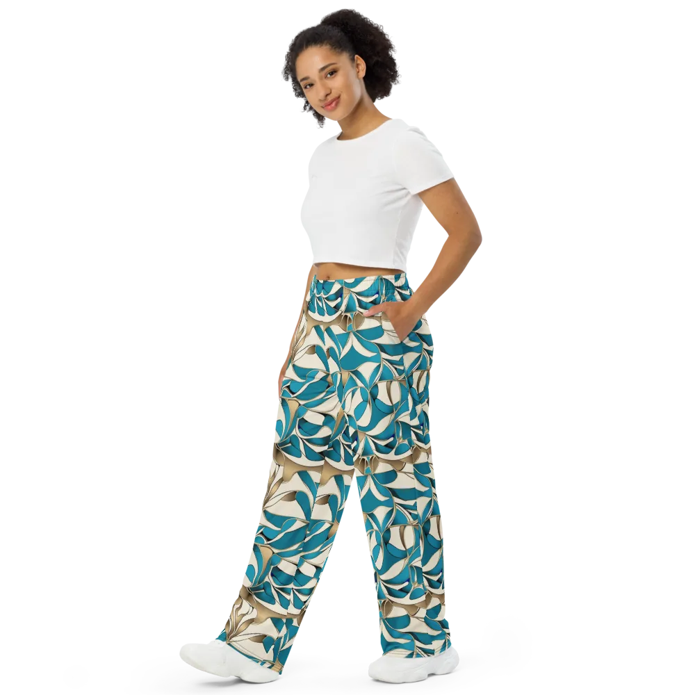 Teal Arabesque on Wide-Leg Pants — Left Front