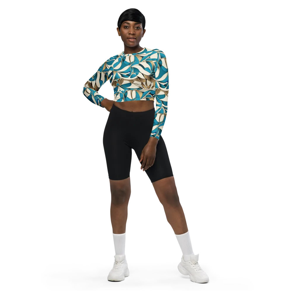 Teal Arabesque on Long Sleeve Crop Top — Front