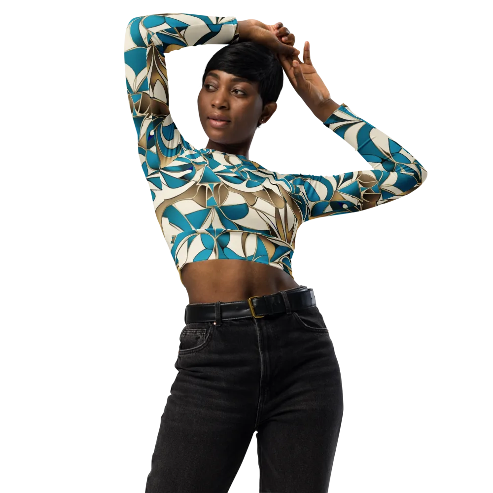 Teal Arabesque on Long Sleeve Crop Top — Front
